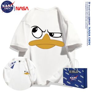 เสื้อยืดแขนสั้นผ้าฝ้ายแท้คอกลมสไตล์ลำลองสำหรับทั้งชายและหญิงจาก NASA ทรงหลวมๆ ลำลอง 5 ส่วน เสื้อผ้าทำงานสไตล์ลำลอง