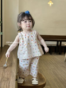 ชุดเดรสลายจุดสำหรับเด็กผู้หญิง ชุดฤดูร้อน แขนกุด 2 ชิ้น ผ้าฝ้ายผสมโพลีเอสเตอร์ ชุดเด็กผู้หญิง ชุดเด็ก ชุดเด็ก ชุดเด็ก