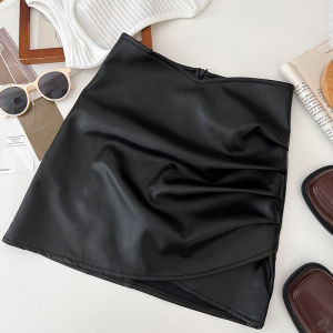 High Waist PU Leather A-Line Mini Skirt Womens Autumn Winter Folded Uneven Short Skirt Anti-Light Leatherr Skirt Half Body Skirt