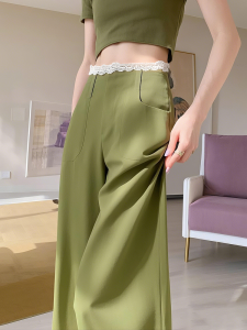 Green Slim Wide Leg Pants Lace Trim Womens Autumn Straight Casual Trousers 2025 New Style Trendy High Waist Long Pants