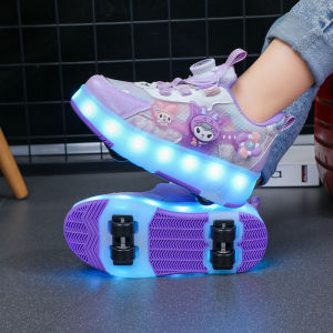 KUOBURENSHENG | Girls Rotate Buckle 4-Wheeled Light-Up Roller Skates
