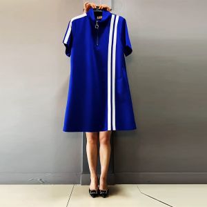 plus Size Womens Shirt Dress 2022 New Loose Versatile Short Sleeve Stand Collar Patchwork Color Block Frock for plus Size Ladies