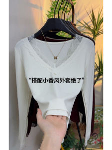 เสื้อยืดคอวีผ้าขนแกะสำหรับผู้หญิงในฤดูใบไม้ร่วงและฤดูหนาว เสื้อชั้นในแบบมีขอบลูกไม้ ทรงเข้ารูป สไตล์เกาหลี แขนยาว ปกติ