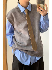 เสื้อกั๊กถักแขนกุดสไตล์วิทยาลัยย้อนยุคสไตล์อเมริกันสำหรับฤดูใบไม้ร่วงและฤดูหนาวสำหรับคู่รักทั้งชายและหญิง