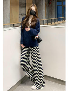 High Waist Floor-Length American Stripe Drawstring Casual Sweatpants Womens Loose Wide Leg Pants Drapey Comfortable Trousers