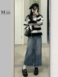 High Waist A-Line Midi Denim Skirt Womens Vintage Washed Retro Spring Season Loose Fit Cotton Polyester Blend Skirt