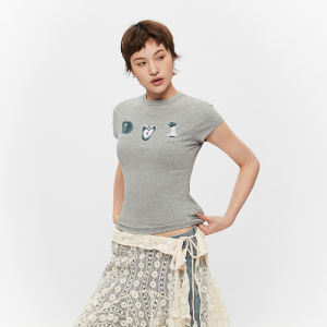 Slim Fit Short Sleeve T-Shirt Womens Sweet And Spicy Style Apple Shoulder Summer New Arrival Cotton Polyester Blend round Neck