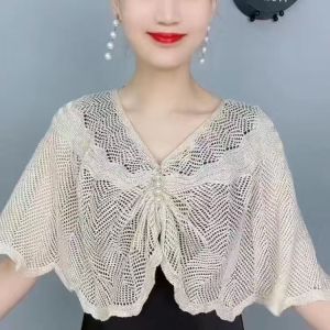 Spring Summer New Style Knitted Hollow out Shawl Cowl Neck Cover up Multi Functional Artificial Cotton Korean Style Womens Scarf