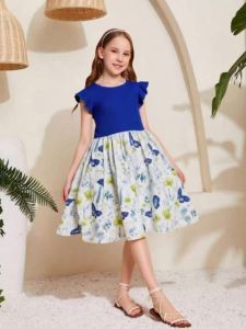 Girls Summer 7-14 Years Round Neck Ribbed Ruffled Sleeve Butterfly Floral Print Dress for Daily School Casual Kids Lovely