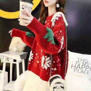 Christmas Sweater Women Lazy Wind Loose Pullovers Sweater Ladies Padded Sweater Tops Red