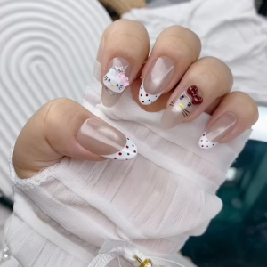 KL003 Nailbox thiết kế móng tay giả họa tiết mèo đính nơ đỏ đính đá lấp lánh phong cách Hàn Quốc