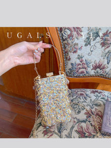 UGALS Metal Retro Crystal Fringe Handbag Pearl Chain Dinner Party Mobile Lipstick Crossbody Small Bucket Bag Ladies Purse