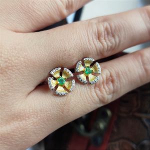 HOJB Natural Emerald Round Flower S925 Gold Plated Earring 3mm 聚寶軒天然绿宝石"祖母绿"圆形金花S925镀金耳环3mm