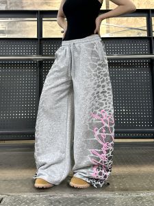 BeOurRule American Leopard Print Letter Print Wide Leg Sports Pants Womens Loose Casual Grey Sports Trousers