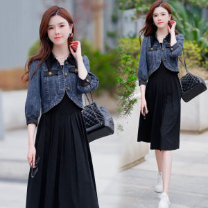ชุดทูพีซระดับไฮเอนด์ ผู้หญิง ฤดูใบไม้ผลิ ฤดูใบไม้ร่วง อ่อนเยาว์สไตล์ใหม่ เดนิม เสื้อแจ็คเก็ตสั้นแขนสั้น สายคล้อง เดรส กระโปรง สไตล์เกาหลี เดินทาง