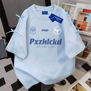 Summer Butterfly Knot Design Pure Cotton Short Sleeve T-Shirt Womens American Letter Print Splice Base Shirt Top