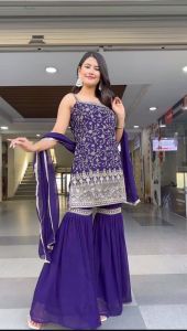 Gorgeous and Beautiful Faux Georgette Kurti Sharara Suit with Heavy Embroidery Work in Purple and Red for All Occasions (Pre-order: 2/3 Weeks Delivery) TWE290426