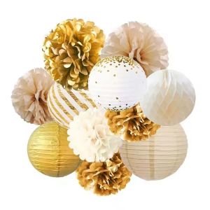11PCS Gilded Rose Gold Round Lantern Honeycomb Ball Folding Lantern Birthday Bachelor Party Wedding Holiday Decorations