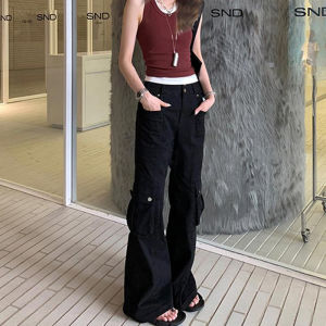 Black High Waist Wide Leg Workwear Pants Womens Spring Summer 2025 New Style Multi-Pocket American High Street Fashion