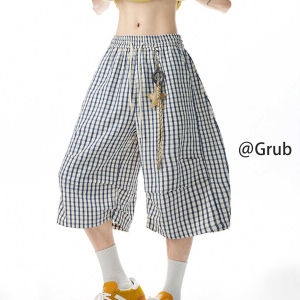 กางเกงขายาวลายสก็อตทรงหลวมสบาย ๆ แห้งเร็วสำหรับผู้หญิงในช่วงฤดูร้อน ทรงเอวสูง ผ้าฝ้าย สไตล์ทำงานไม่สมมาตร