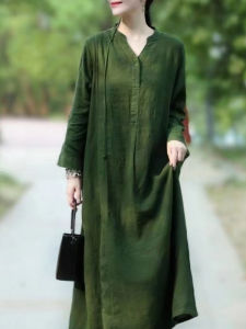 High-End Brand Spring Autumn Loose Large Size Artistic Retro V-neck Cotton Linen Dress Womens Clothing Ethnic Style Long Sleeve