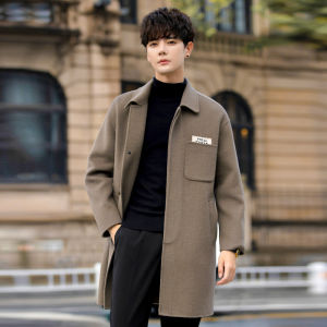 Double-Sided Woolen Velvet Mens Mid-Length Thickened Winter Coat British Fashion Trendy Nylon Outerwear Casual Pure Color