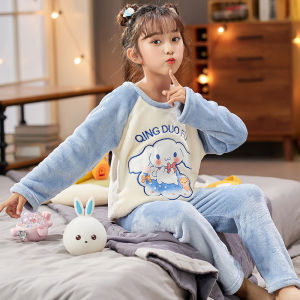 Flannel Girl Pajamas Kids Egg Puff Party Autumn and Winter Childrens Little Girl Coral Fleece Homewear Suit