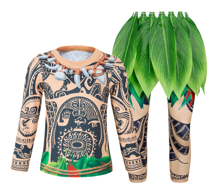 Maui Costume Boys/Man Halloween Cosplay Tattoo Shirt and Pants with Leaves Skirt main image 1
