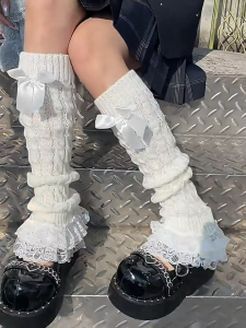 1 Pair Japanese Style Knitted Bow Winter Warm Stretch Lace Calf Socks Cover Women Sweet Protection Foot Cover