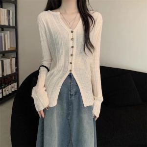 Brown Split V Neck Maillard Knitting Long Sleeves Bottoming Shirt Womens Fall Slim Fit Slimming Sense of Design Inner Wear Blouse
