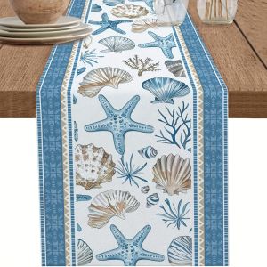 VIKAMA 1pc Vải Lanh Bàn Chạy Đường Dài Màu Xanh Sọc Hình Học Đại Dương Sao Biển Vỏ Sò Thiết Kế San Hô Mùa Hè Trang Trí Bàn Ăn Cho Các Bữa Tiệc Tại Nhà