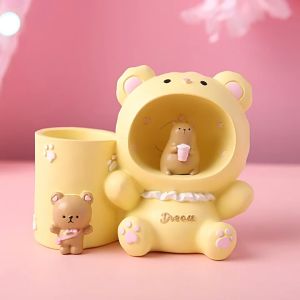 Ống đựng bút có đèn trang trí Hình Gấu decor bàn học bàn làm việc dễ thương