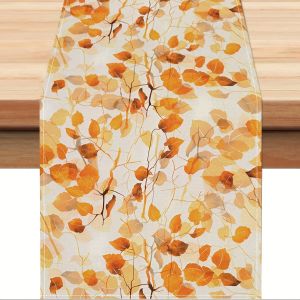 1 Piece of Autumn Gold Leaf Table Runner Painted Gradient Yellow and Orange Leaves Slender Branches Suitable for Restaurant Home Picnic Warm Autumn Atmosphere.