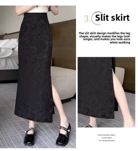 Retro Chinese Style Satin Half Skirt High Waist Midi Straight Leg Womens Summer Fashion Open Slit Bodycon Skirt