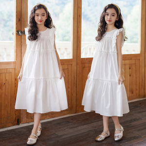 Princess Style Girls Dress Korean Version Summer Floral Lace Sleeve Vest Skirt for Medium And Large Children Cotton Polyester