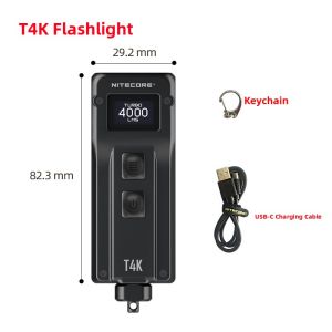 Nitecore T4K Keychain Light USB-C Rechargeable 4000 Lumens OLED Display Flashlight Aluminum Alloy Waterproof Camping Gear