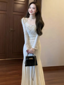 French Elegant Long Sleeve Lace Dress Womens Tight Fit Wrap around Waist Fish Tail Skirt Autumn Winter Polyester Fiber Zipper Closure