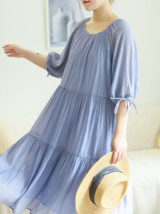 ชุดเดรสยาวทรงหลวมสไตล์ฝรั่งเศส แขนสั้น คอตั้ง ฤดูร้อน ใหม่ ลำลอง เอวเข้ารูป แขนยาว กระโปรงทรงเอ คอตั้ง