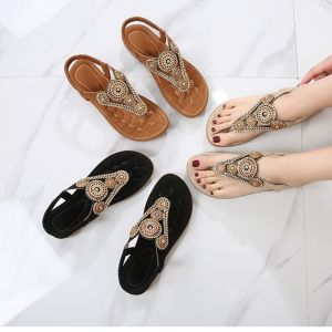 Summer new Bohemian sandals simple casual flat toe comfortable rhinestone sandals