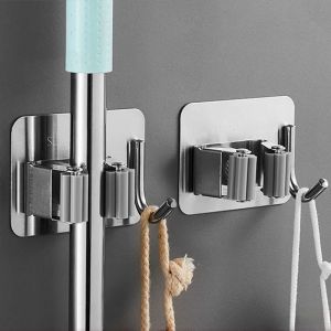 Stainless Steel Mop Holder Wall Mounted Umbrella Broom Hook Hanger Home Storage Organize
