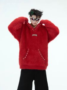 เสื้อสเวตเตอร์คอวีแขนยาวทรงหลวมสไตล์ลำลองสำหรับผู้ชาย ปักลูกปัด ขนแกะป้องกัน ขนนุ่ม สวมใส่สบาย ฤดูหนาว 2024