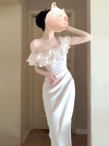 SUSIEYUAN | French Style White One Shoulder Fish Tail Long Dress Women Summer 2025 New Sweet High Waist A-Line Skirt Short Sleeve Dress