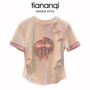 สไตล์จีนใหม่พลัสขนาดผู้หญิงแฟชั่นชุดเสื้อแขนสั้นและกางเกงลําลองชุดสองชิ้นสําหรับ BBWs