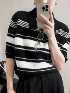 2025 Autumn Winter New Style Korean Version Fashion Striped Color Block Knitwear Simple Loose Commuter Short Sleeve Top