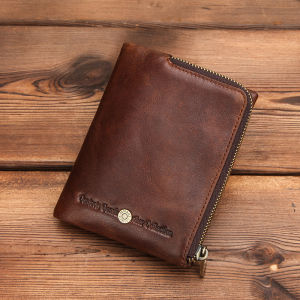 CONTACTS New Genuine Leather Wallet Men Crazy Horse Wallets Zipper Coin Purse Quality Short Male Money Bag Rifd Small Card Wallet