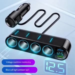 Bộ Sạc Xe Hơi Đa Chức Năng 66W Màn Hình Kỹ Thuật Số Bộ Sạc Nhanh Bộ Chia USB/Type C Cho 4 Ổ Cắm Đầu Vào 12-24V