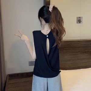 Stylish Back Cut Out Vest Tops Womens Summer Plus Size Plus Size Ladies Slim Looking French Style Chic Ice Silk Shirt