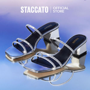 Staccato Womens Block Heel Mules Sandals รองเท้าแตะส้นสูง 2"ส้นหนา ส้นแก้ว EBI62
