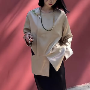 Elegant New Chinese Design Shirt Womens Autumn Winter Tawny Button up Top High End Feel Pear Apple Sandglass Body Shapes
