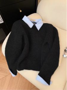 เสื้อสเวตเตอร์คอโปโลขนกระต่ายสีดำสำหรับผู้หญิง เสื้อชั้นในถักหนา สไตล์ฤดูใบไม้ร่วงและฤดูหนาว เสื้อเชิ้ตสไตล์นักศึกษา โพลีเอสเตอร์ สวมใส่สบาย